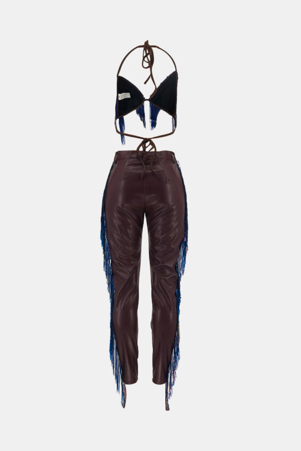 Full Size Multicolored Fringe Bralette and PU Leather Pants Set