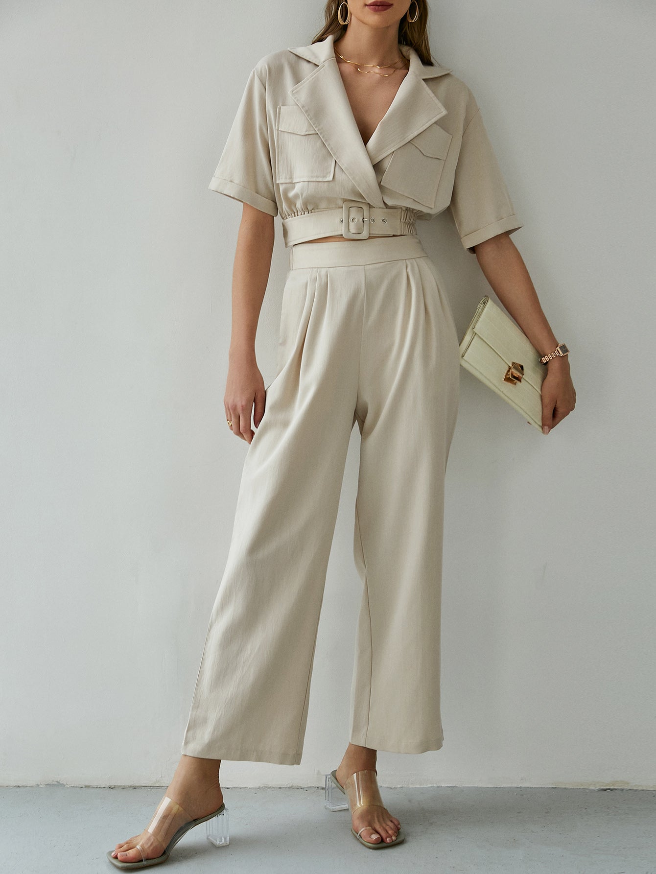 Belted Detail Cropped Blazer and Pants Set