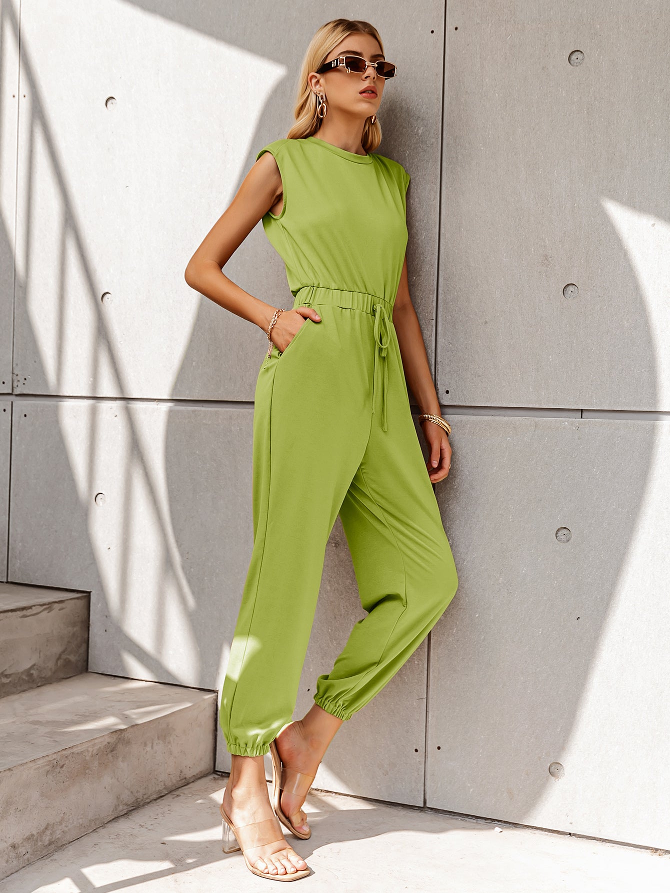 Capped Sleeve Drawstring Waist Jogger Jumpsuit