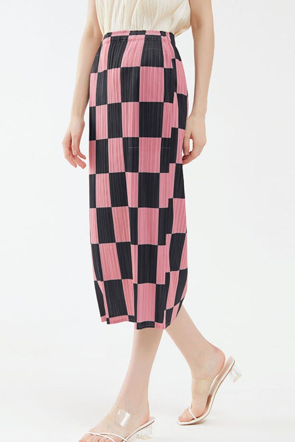 Checkerboard Accordion Pleated Midi Skirt