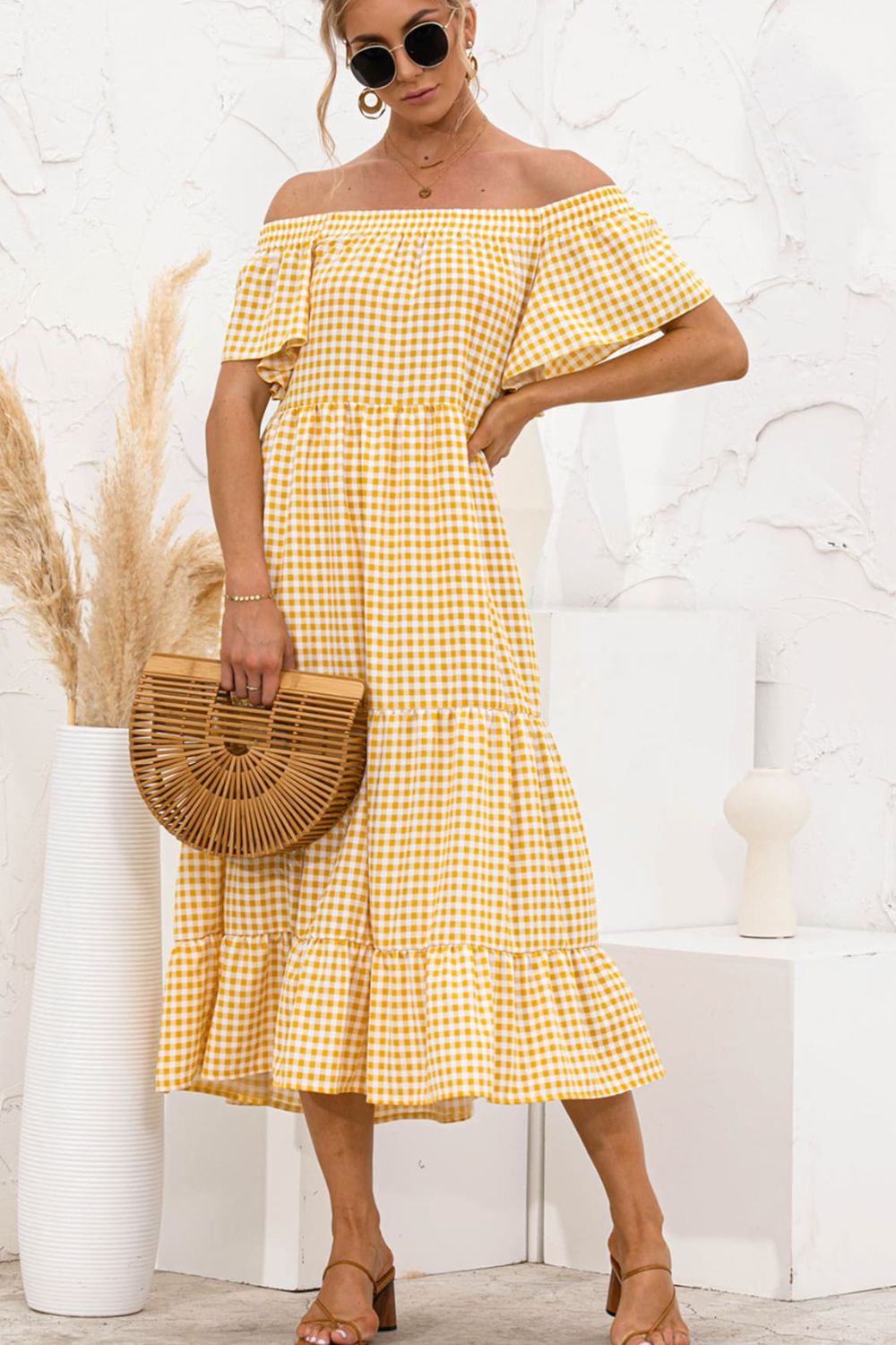 Plaid Off-Shoulder Tiered Midi Dress Anchor Blue Jeans Plaid Off-Shoulder Tiered Midi Dress Anchor Blue Jeans