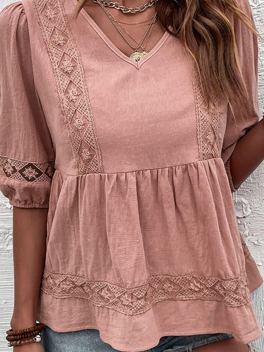 Lace Trim V-Neck Puff Sleeve Peplum Top