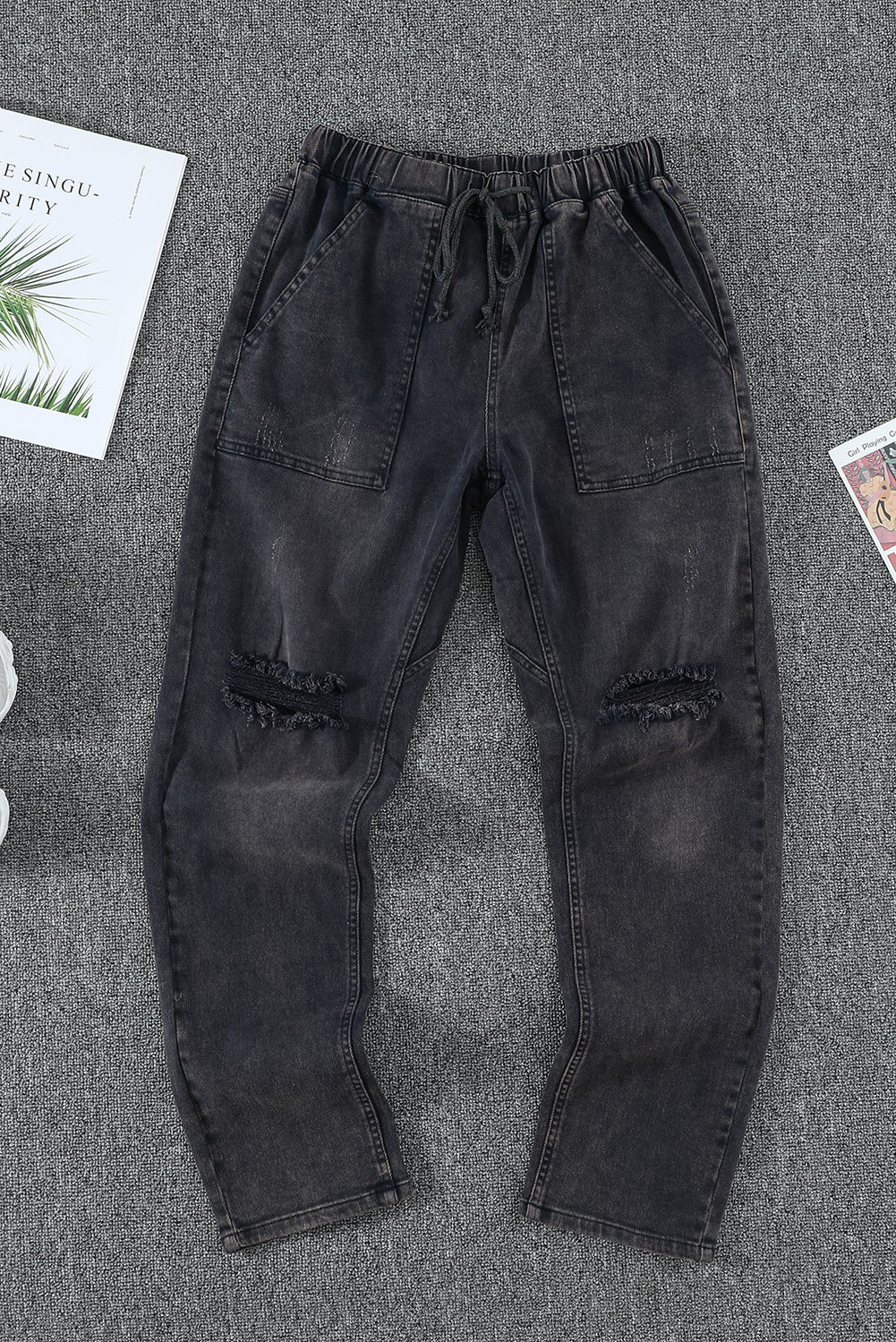 Distressed Denim Joggers with Pockets