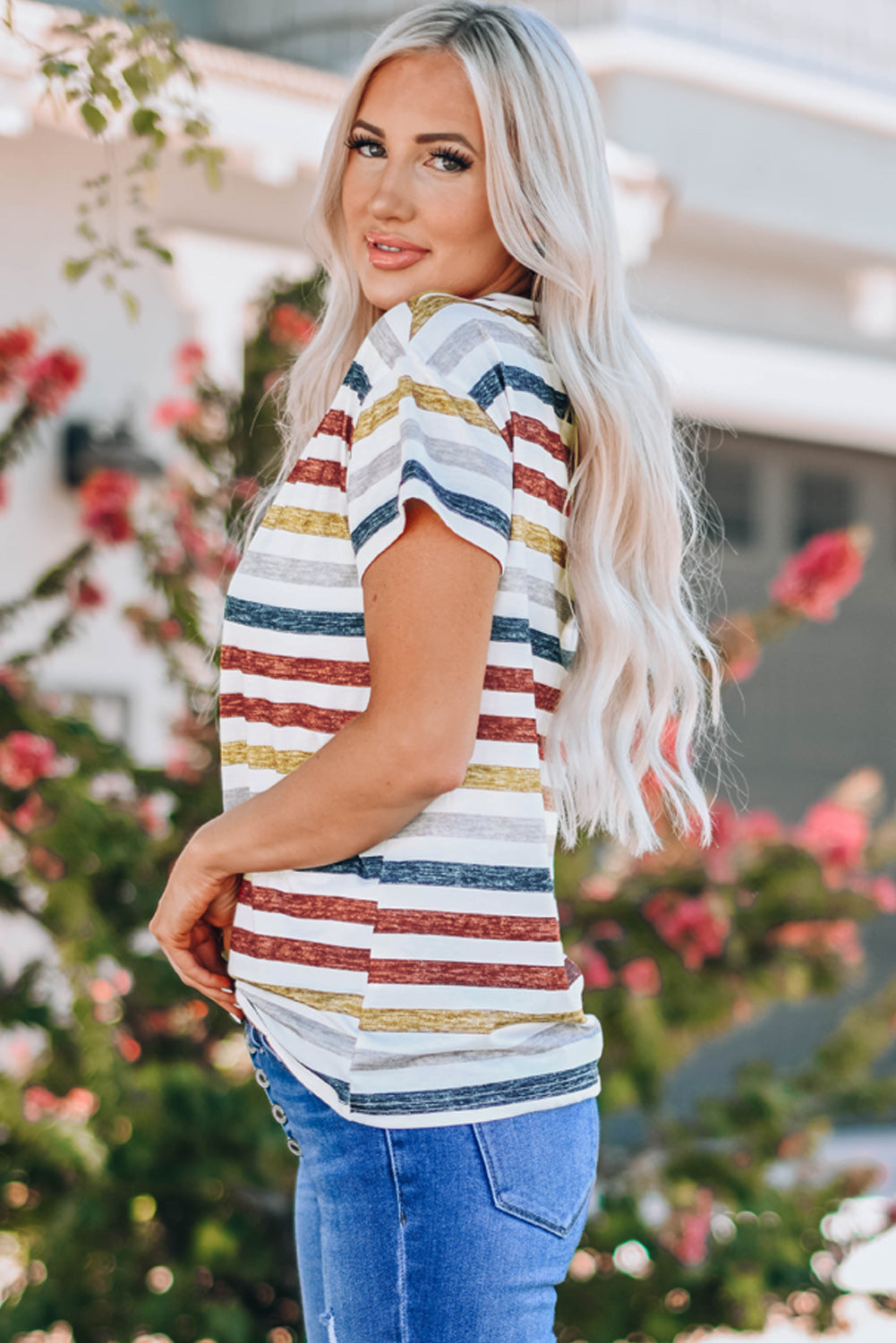 Multicolor Striped V Neck T-Shirt