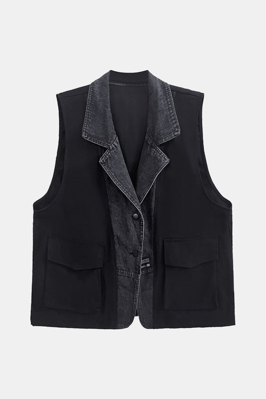 Spliced Denim Lapel Collar Vest with Pockets