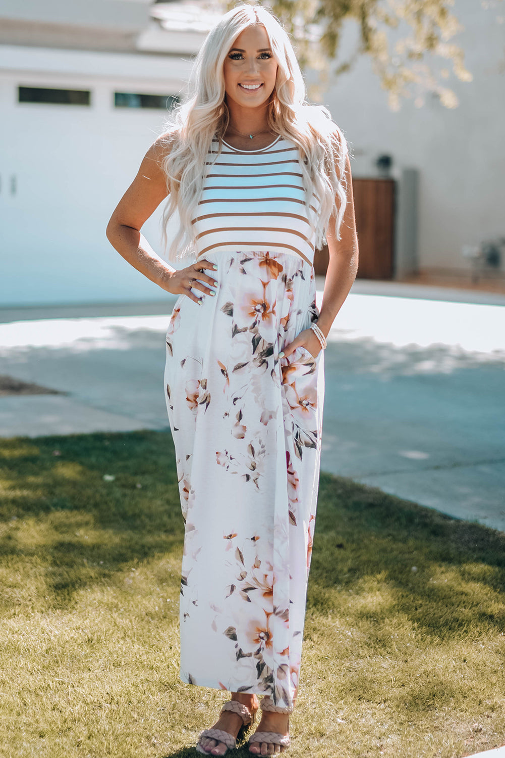 Floral Striped Print Sleeveless Maxi Dress