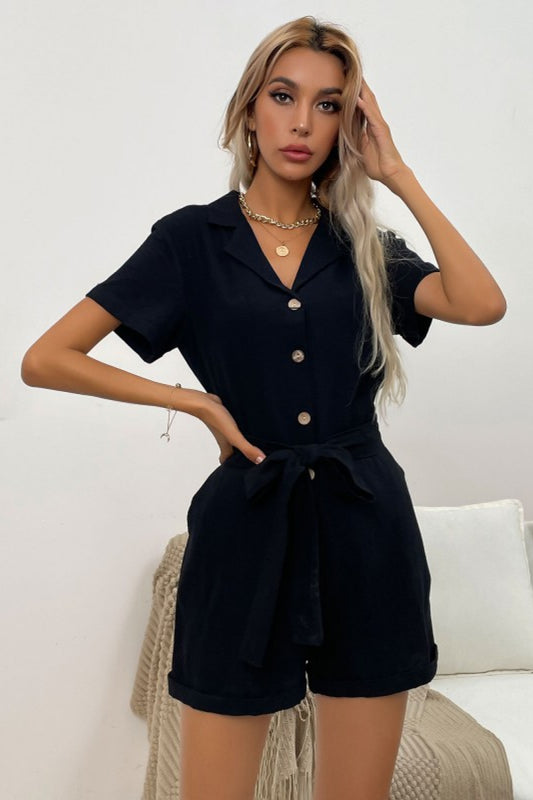 Tie Waist Cuffed Romper with Pockets