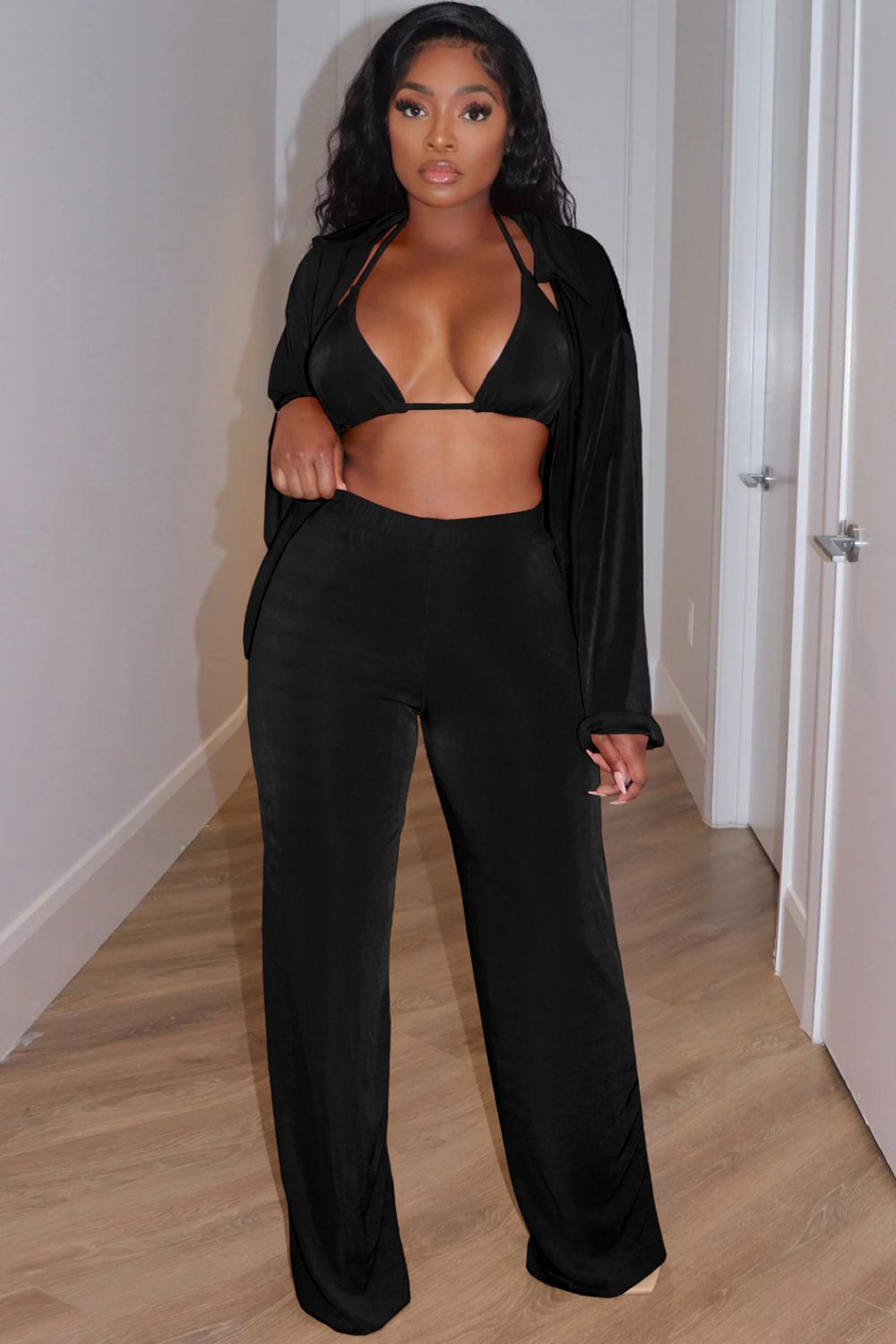Open Front Top, Bralette, and Wide Leg Pants Set