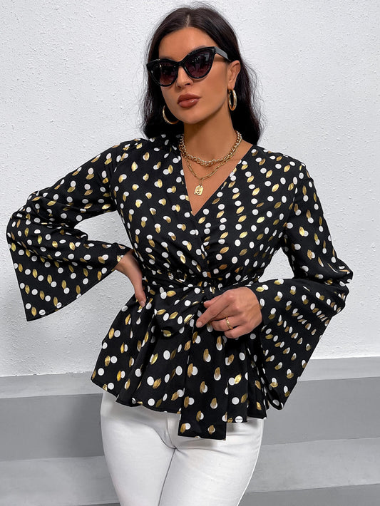 Mixed Print Tie-Waist Bell Sleeve Blouse