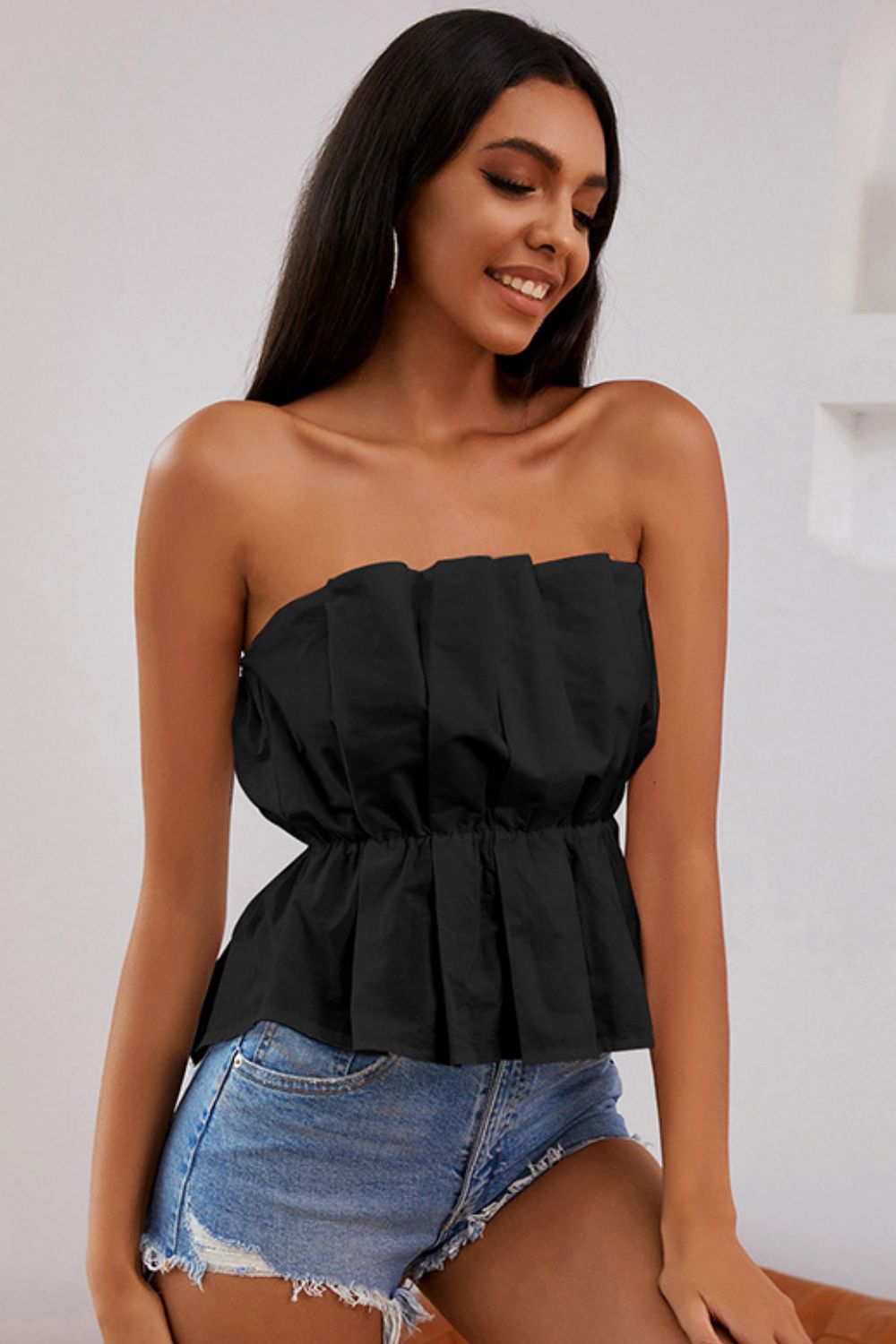 Pleated High-Low Strapless Top