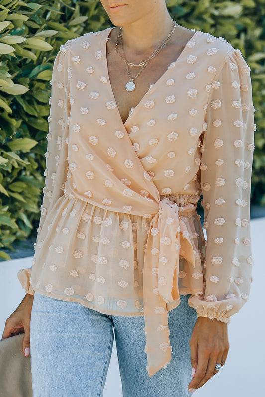 Swiss Dot Tie-Waist Surplice Peplum Blouse