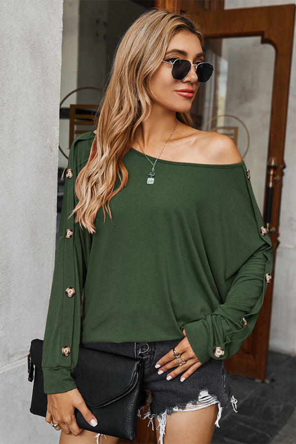 One Shoulder Button Long Sleeve Top