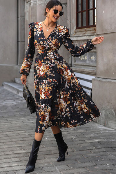 Floral Surplice Tie Front Ruffle Hem Midi Dress