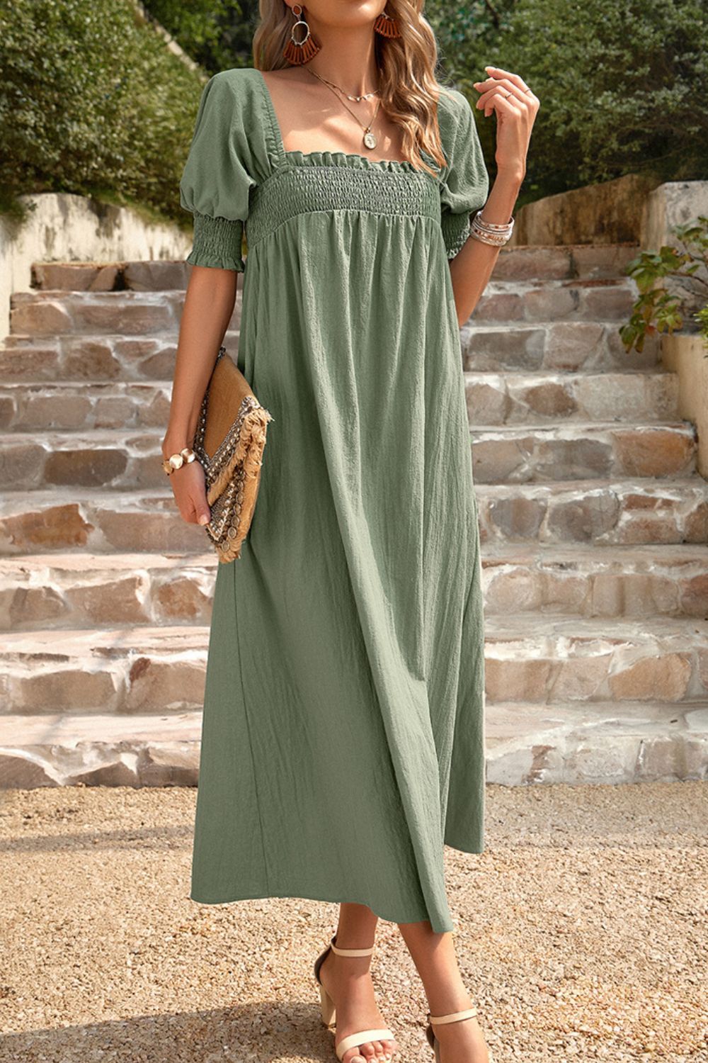 smocked square neck midi dress Smocked Square Neck Midi Dress with Pockets – Anchor Blue Jeans
