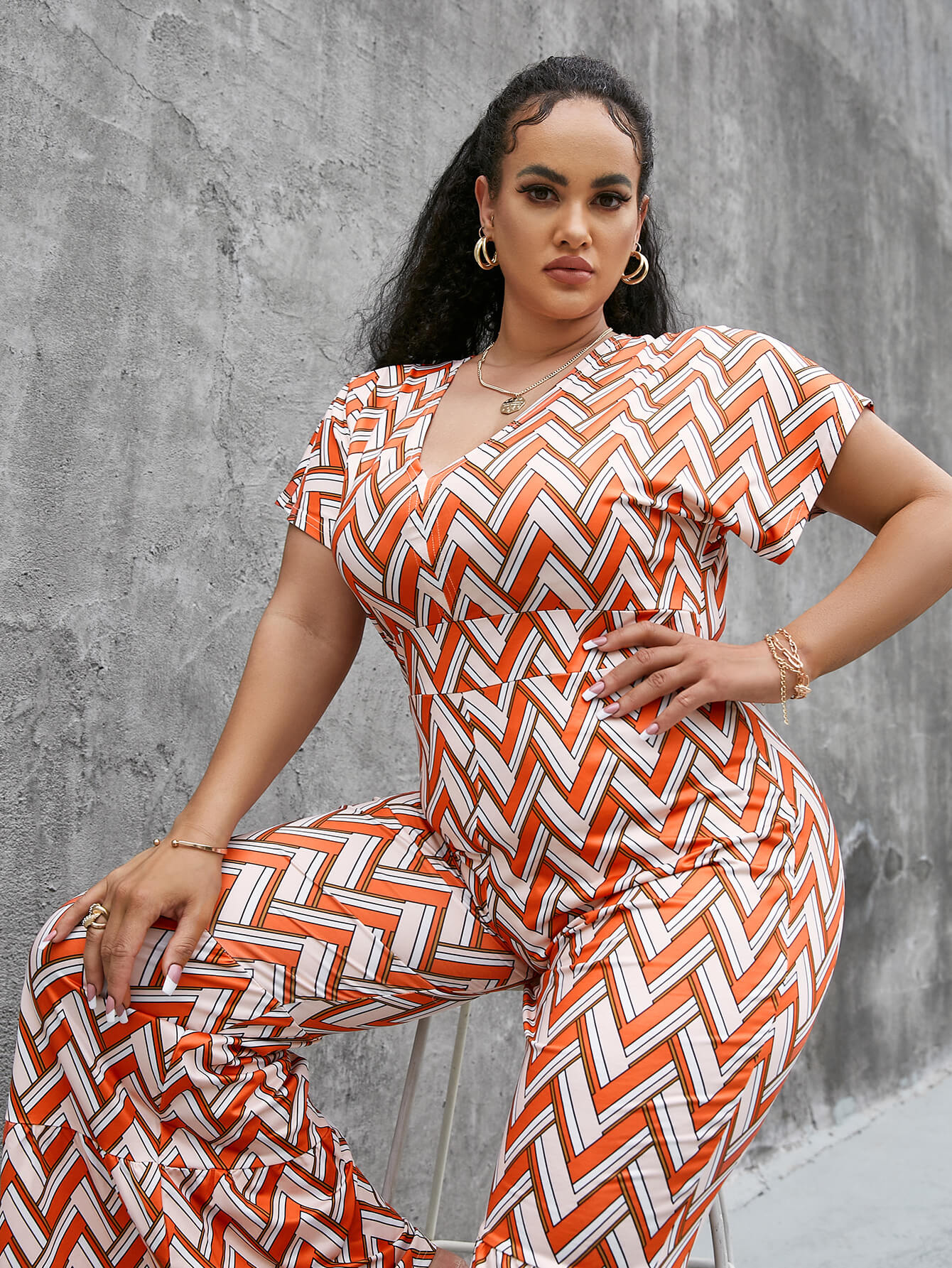 Plus Size Chevron Stripe Short Sleeve Jumpsuit