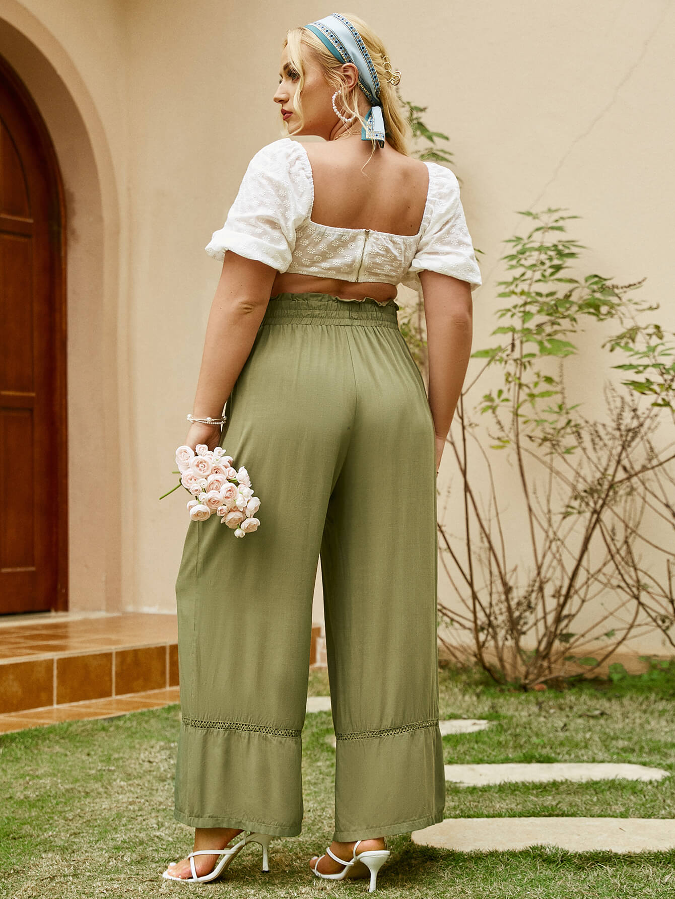 Plus Size Drawstring Detail Paperbag Wide Leg Pants