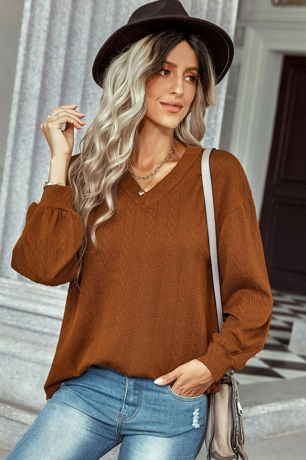 Dropped Shoulder Cable-Knit Top