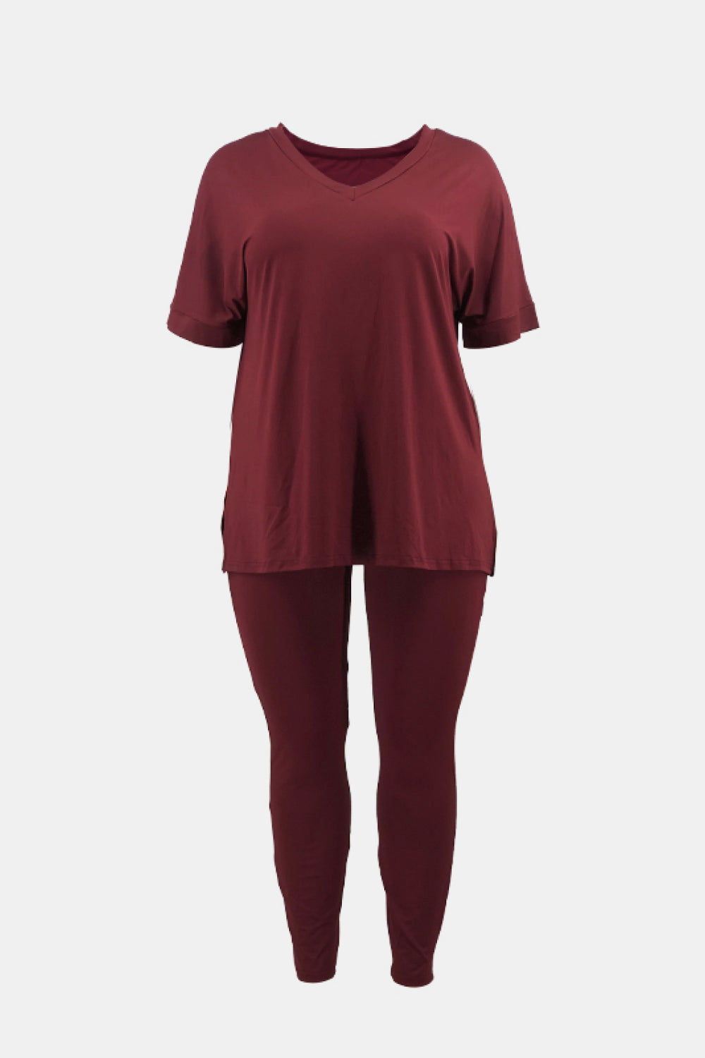 Plus Size V-Neck Slit Tee and Pants Set