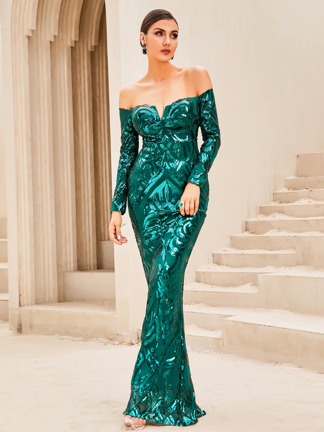 Glitter Off-Shoulder Floor-Length Dress