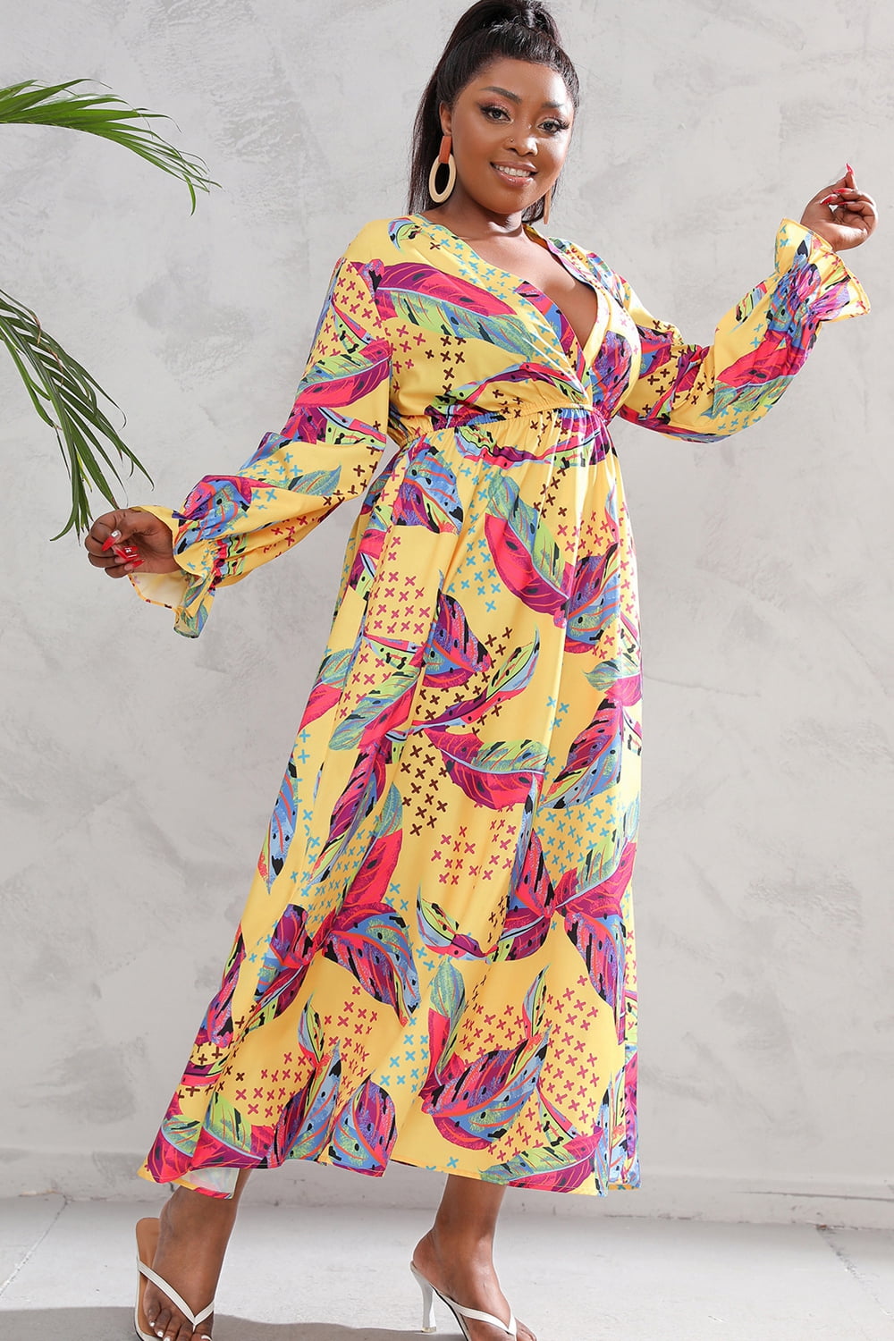 flounce sleeve maxi dress Printed Surplice Flounce Sleeve Maxi Dress