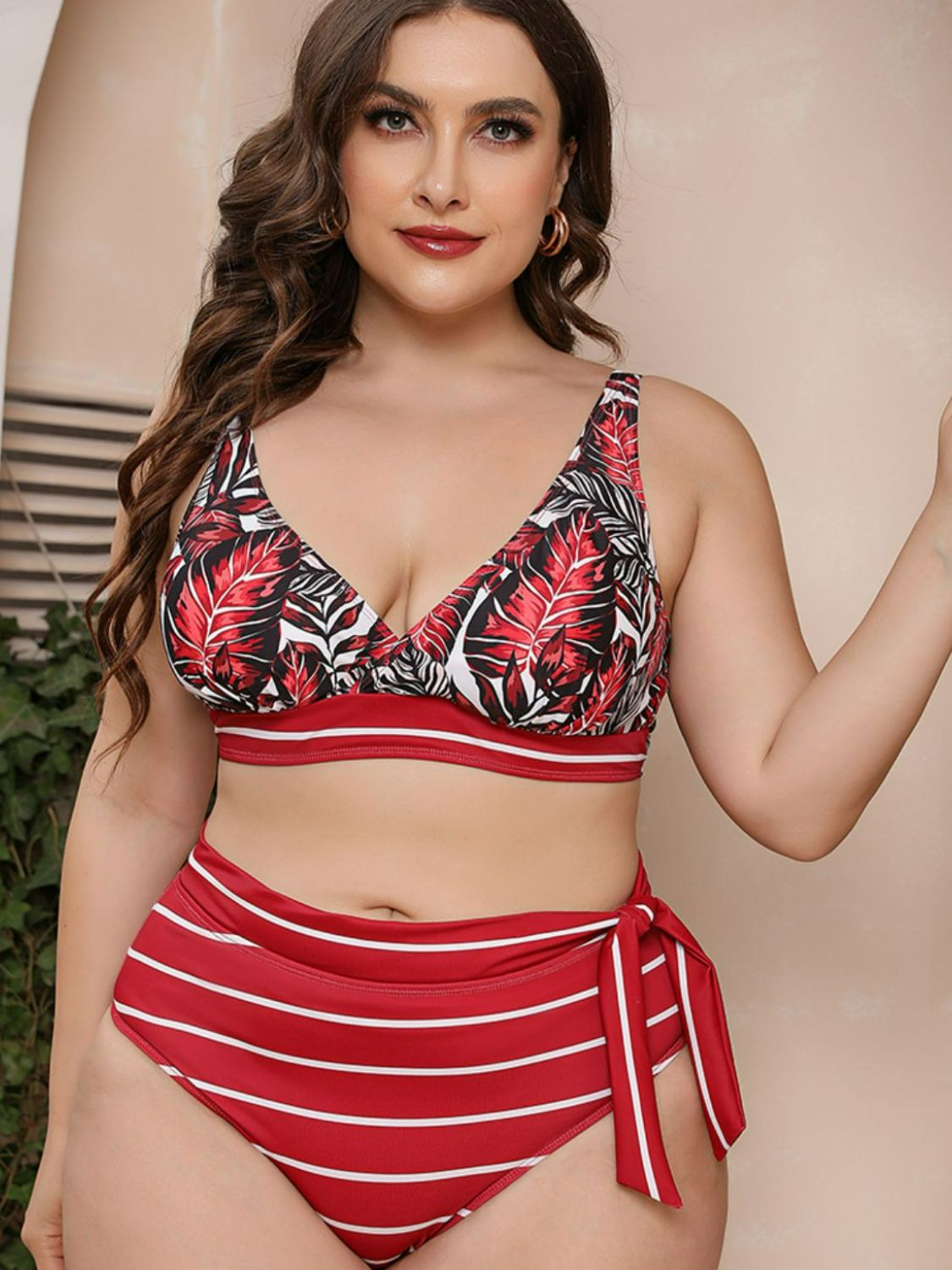 Full Size Botanical Print Striped Bikini Set