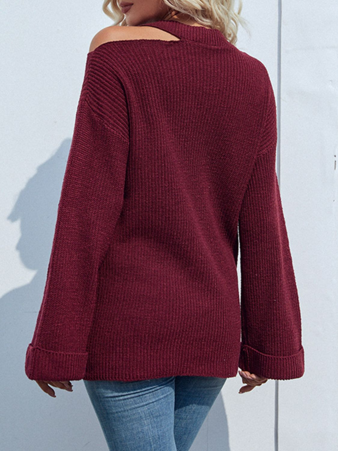 Rib-Knit Cutout Flare Sleeve Sweater