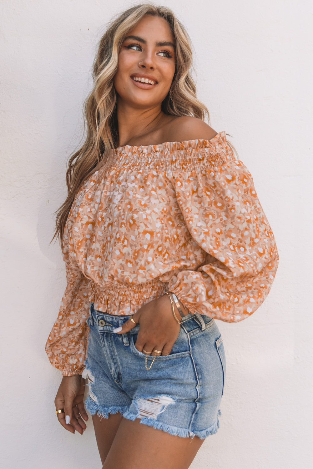 Floral Frill Trim Smocked Off-Shoulder Top