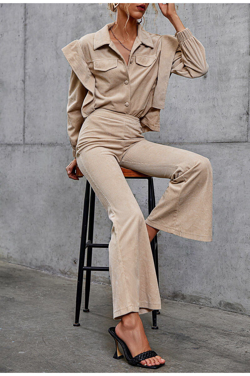 Button Front Corduroy Top and Flare Pants Set