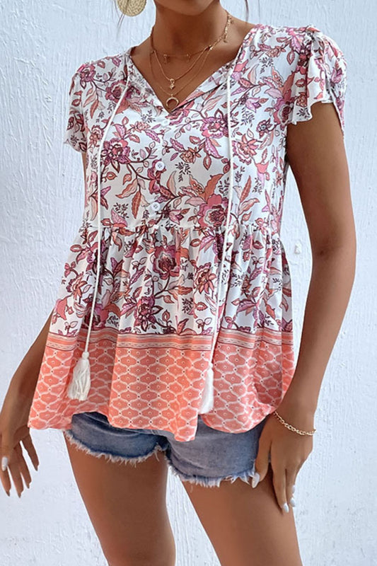Mixed Print Half Button Petal Sleeve Babydoll Blouse