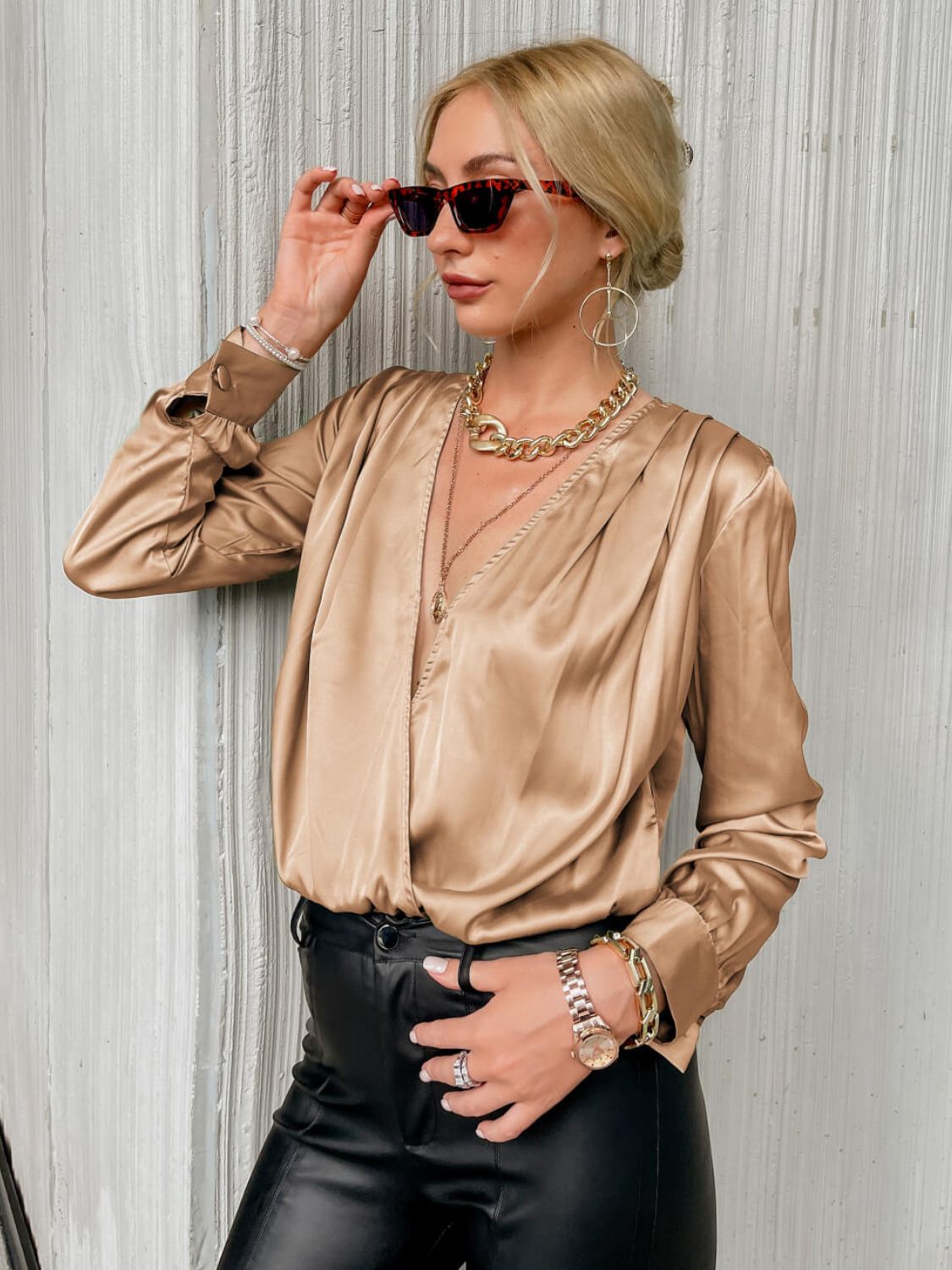 Pleated Detail Satin Surplice Blouse