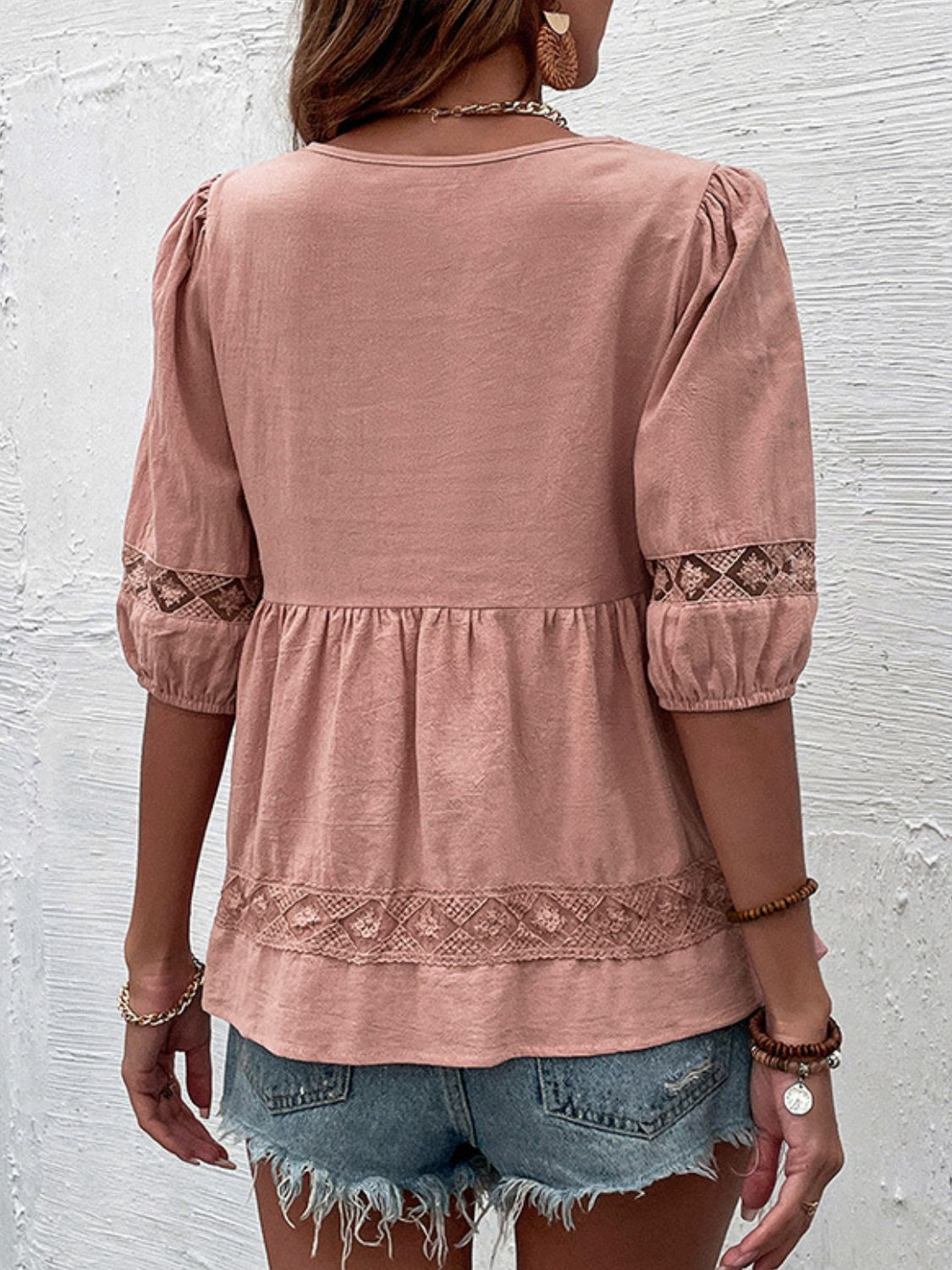 Lace Trim V-Neck Puff Sleeve Peplum Top