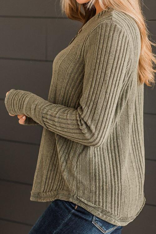 Ribbed Buttoned Long Sleeve Blouse