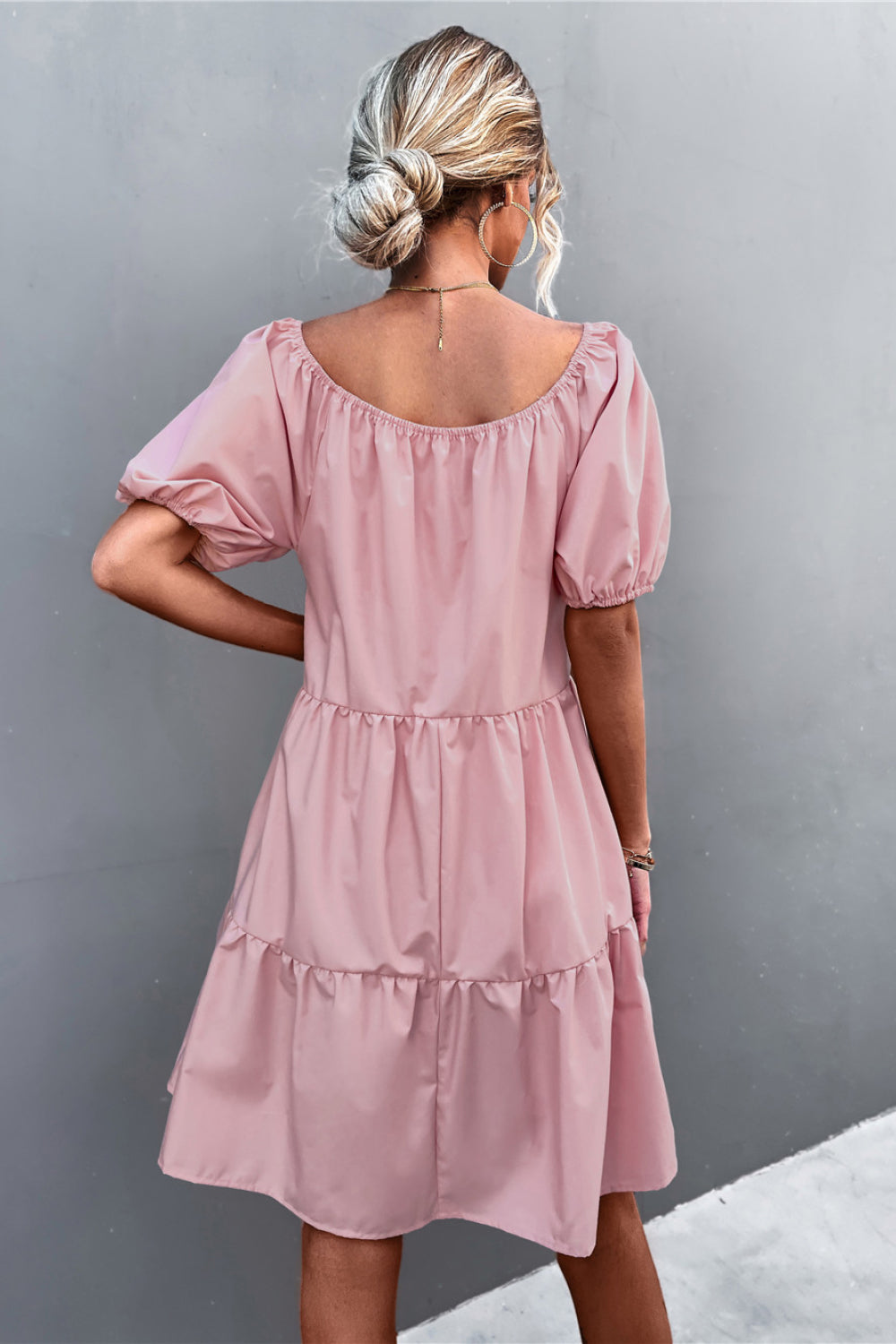 Puff Sleeve Square Neck Tiered Dress