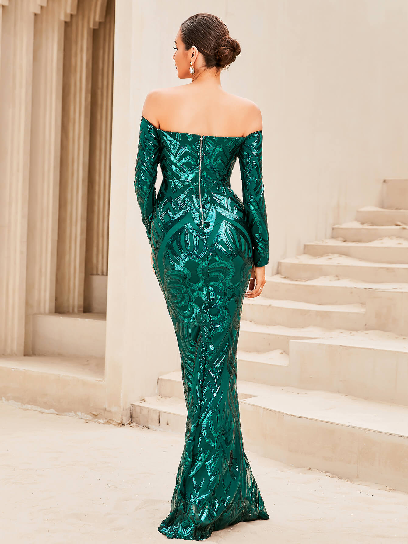 Glitter Off-Shoulder Floor-Length Dress