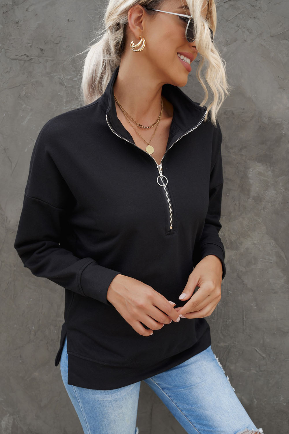 Quarter-Zip Dropped Shoulder Slit Sweatshirt