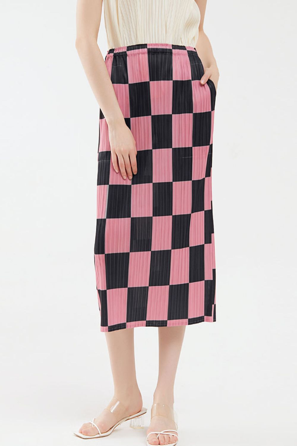 Checkerboard Accordion Pleated Midi Skirt