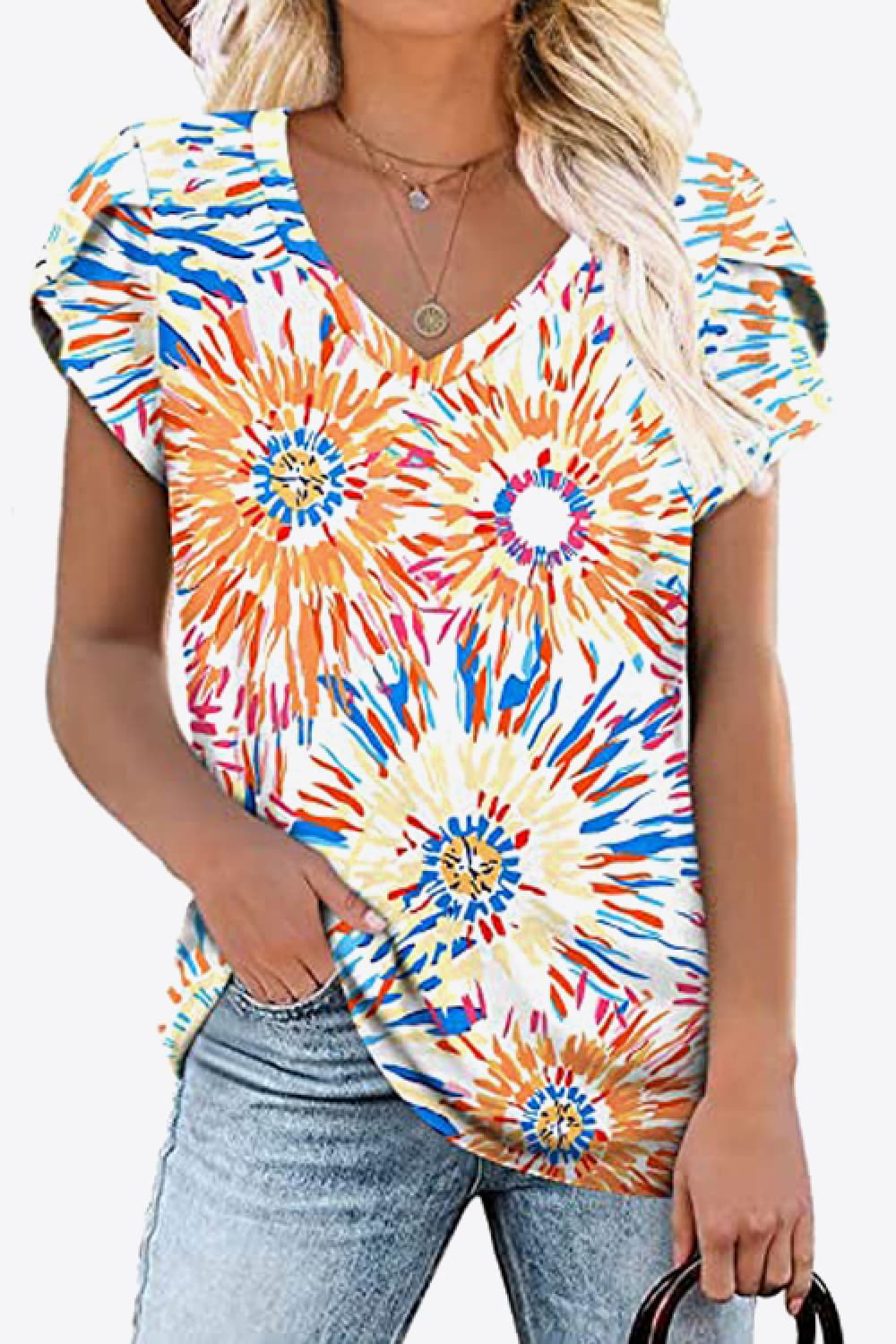 Printed Petal Sleeve V-Neck Blouse