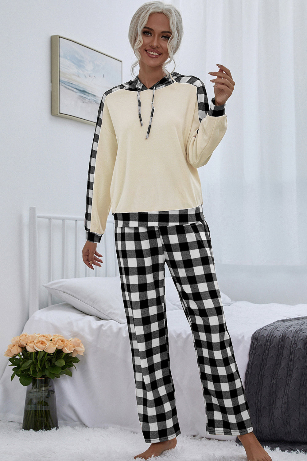 Buffalo Plaid Drawstring Hoodie and Pants Set