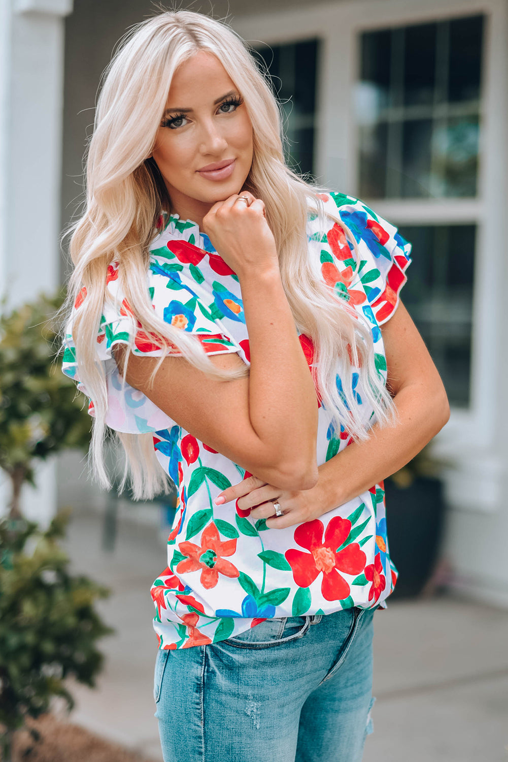 Floral Frill Trim Ruffled Top