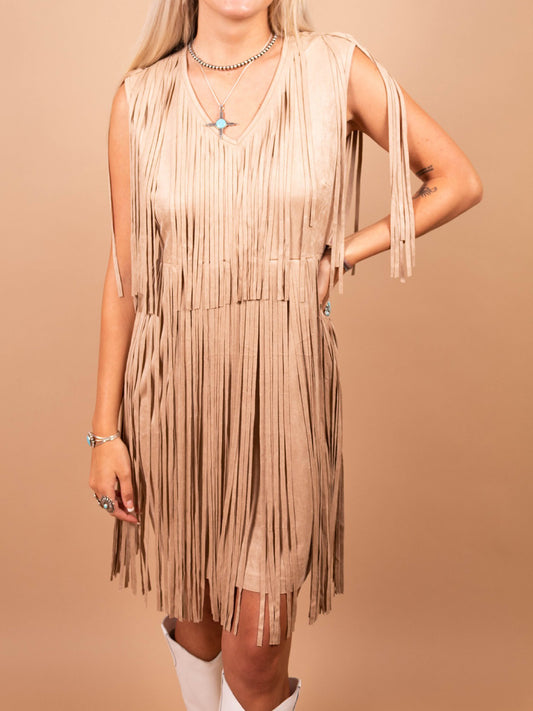 Full Size Fringe V-Neck Sleeveless Mini Dress