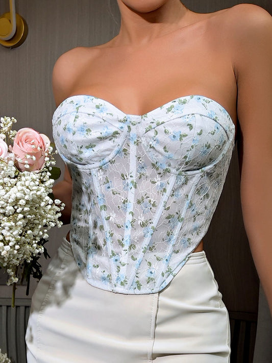 Floral Lace-Up Strapless Bustier