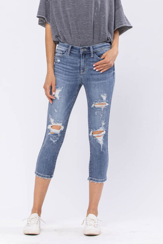 Judy Blue Wren Full Size Distressed Mid-Rise Denim Capri