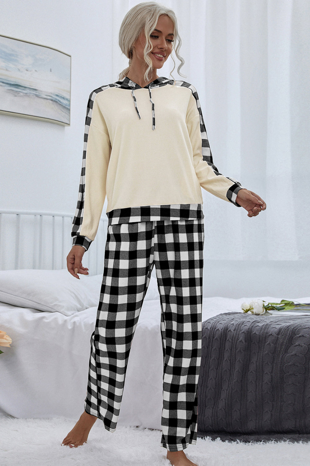 Buffalo Plaid Drawstring Hoodie and Pants Set