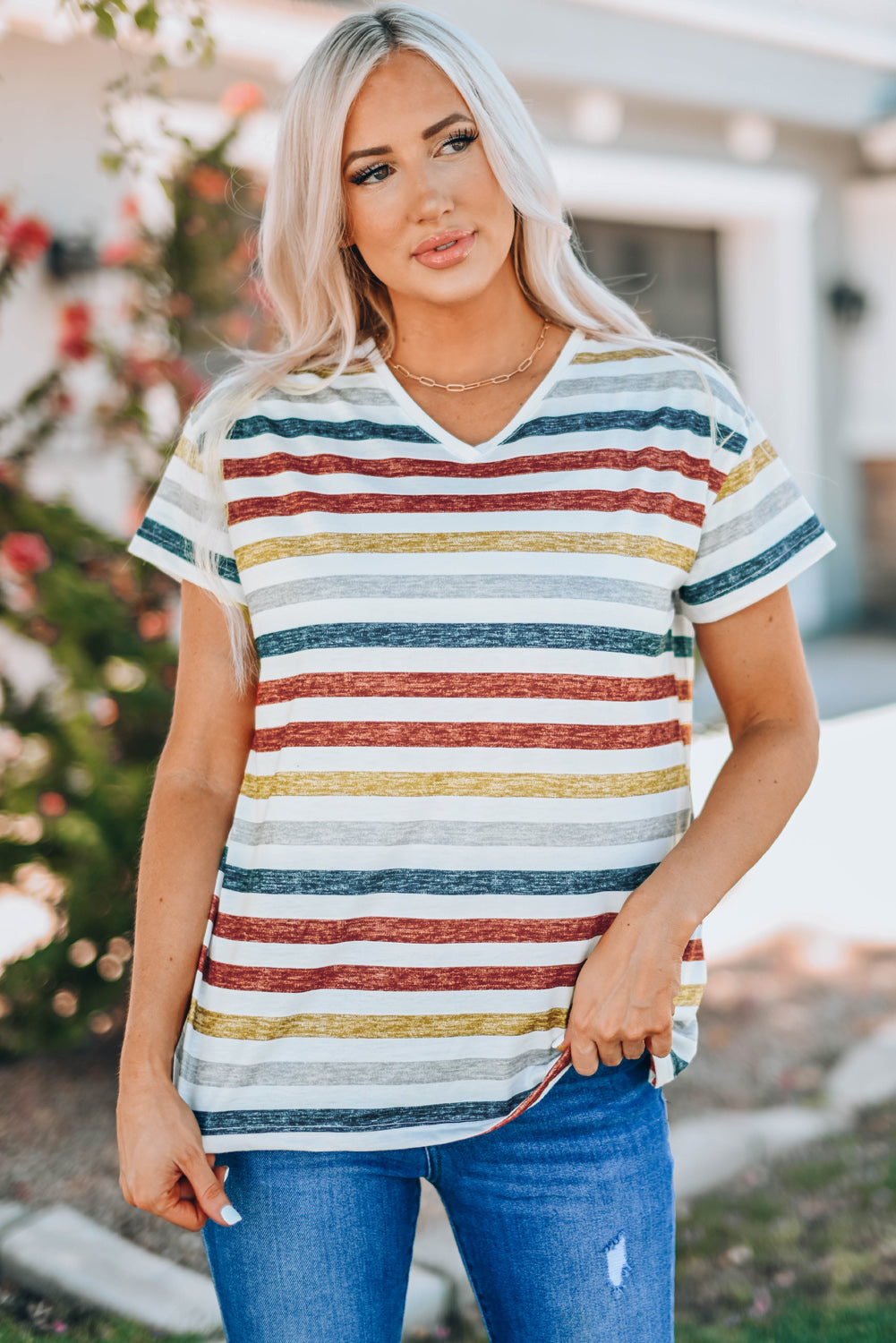 Multicolor Striped V Neck T-Shirt