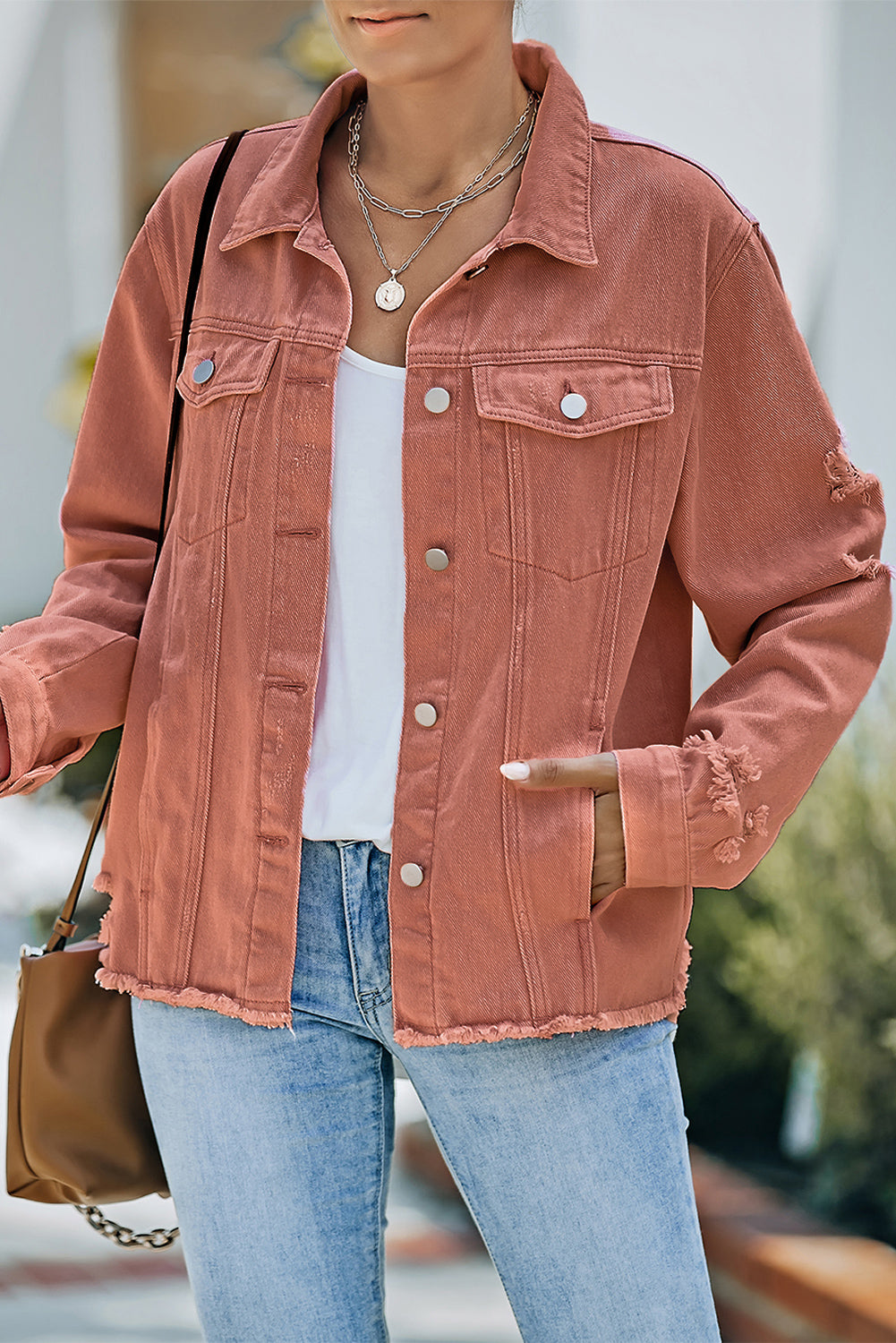 Distressed Raw Hem Denim Jacket store with Pockets in Blue