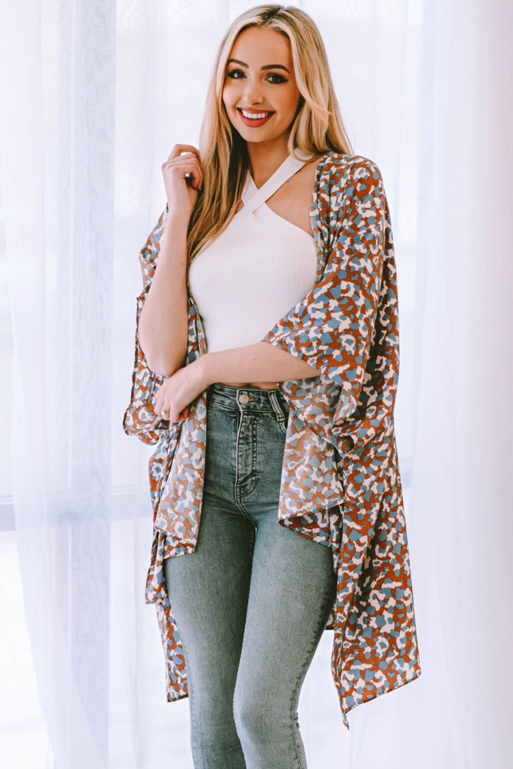 Printed Open Front Three-Quarter Sleeve Cover Up