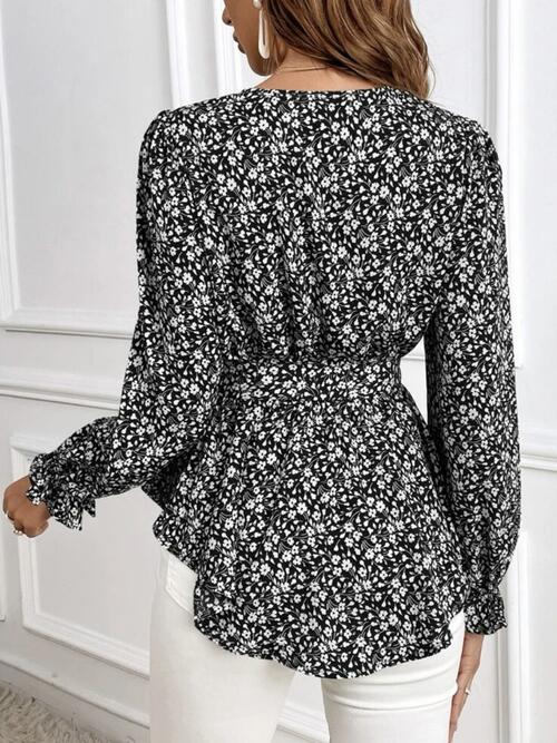 Printed V-Neck Tie Front Flounce Sleeve Blouse