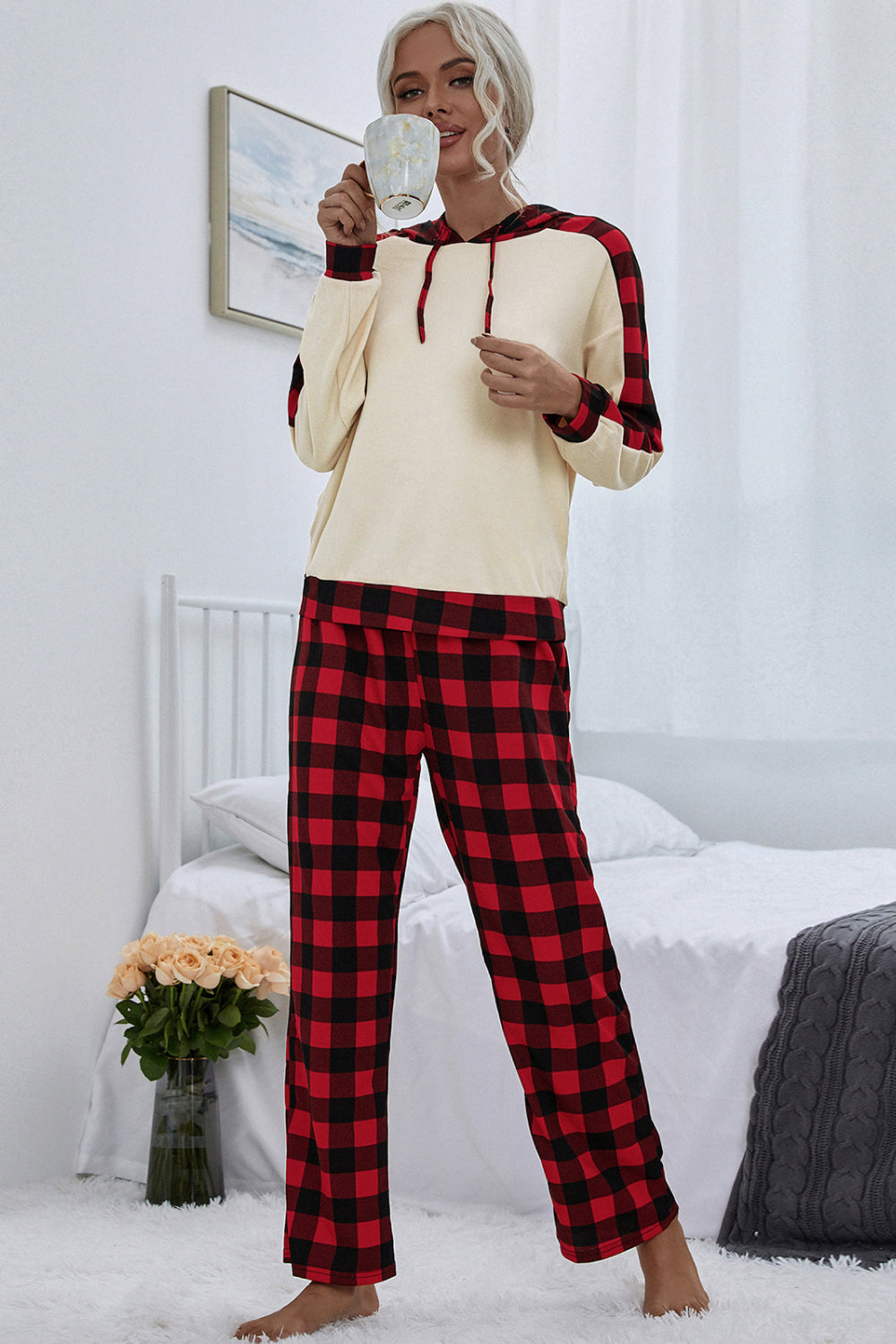 Buffalo Plaid Drawstring Hoodie and Pants Set