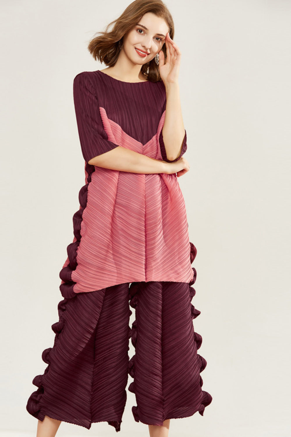 Two-Tone Accordion Pleated Top and Wide Leg Pants Set