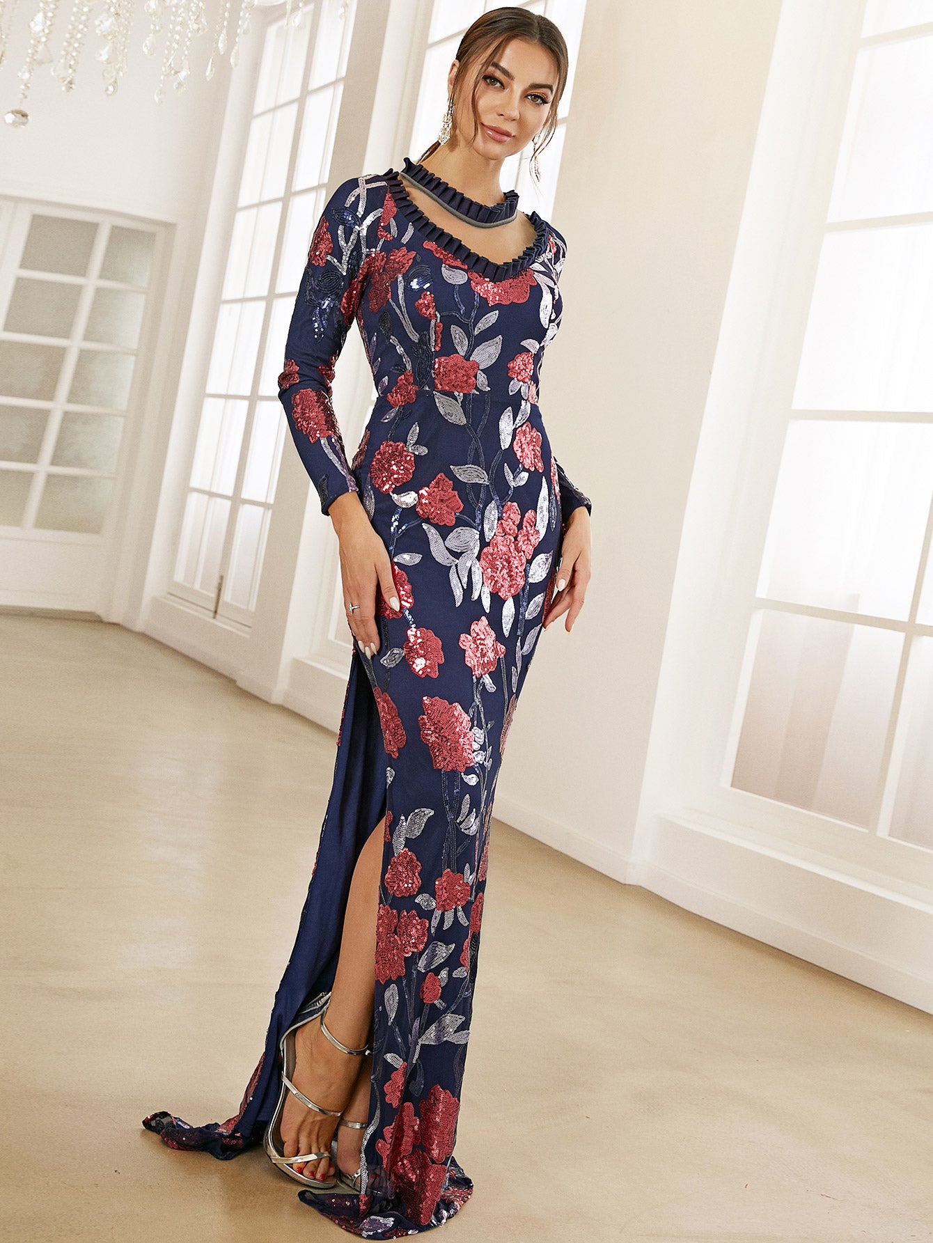 Floral Sequin Tie-Back Split Dress